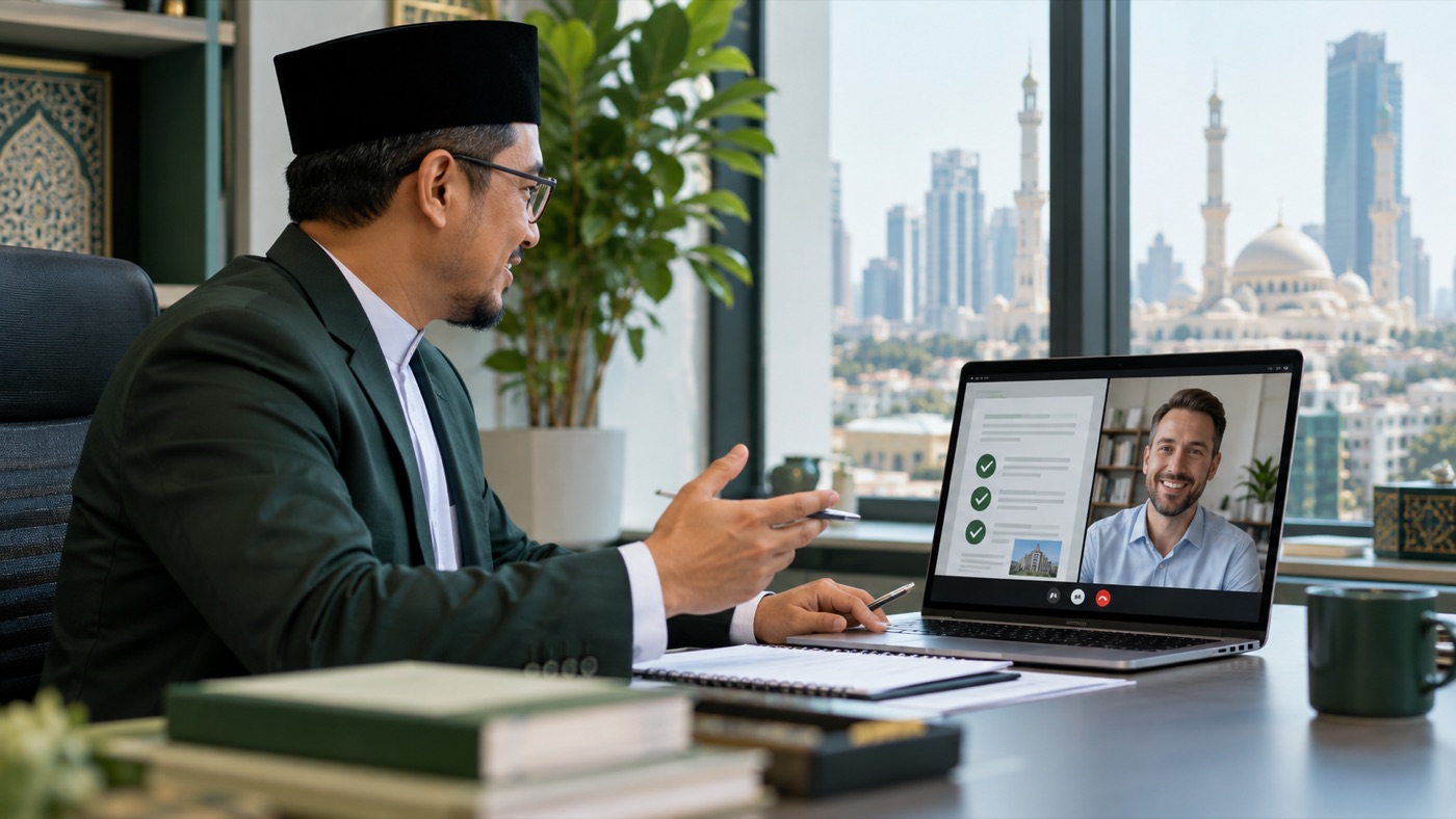 Ustaz scholar in a cross-border video consultation with an overseas client