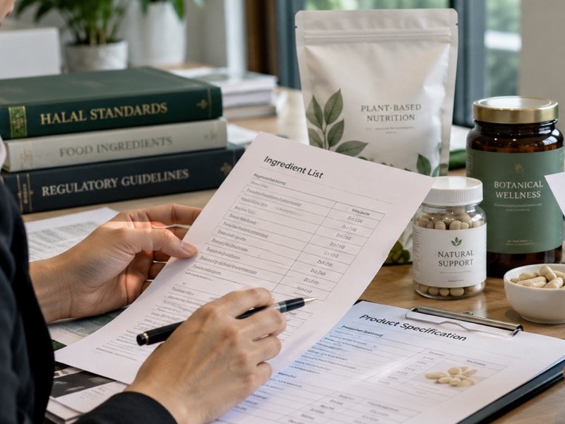 Specialist cross-checking the ingredient list against halal standards references