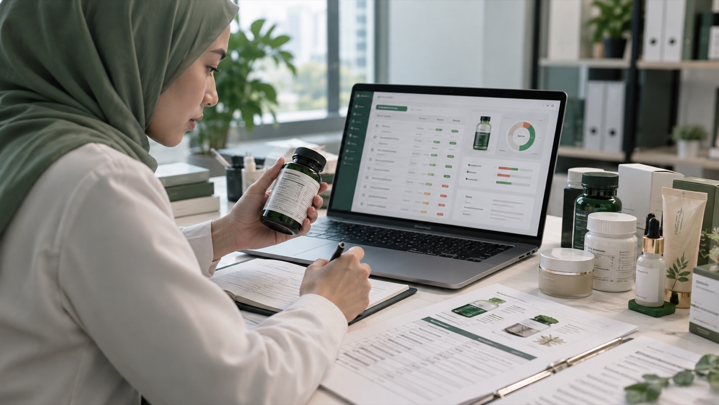 E-USTAZ analyst verifying a product ingredient against the halal screening dashboard