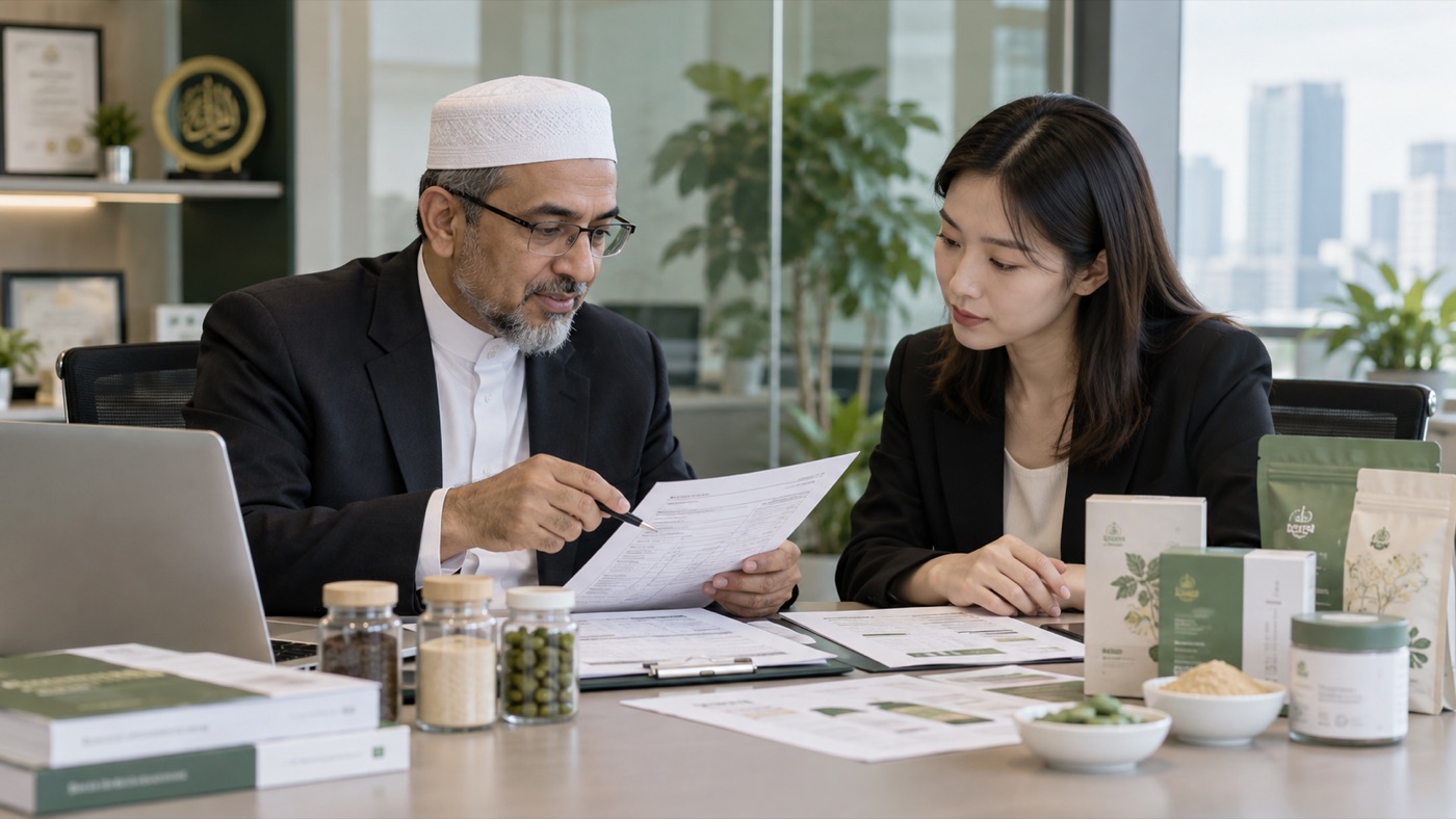 Qualified Ustaz scholar reviewing screening findings together with an E-USTAZ analyst
